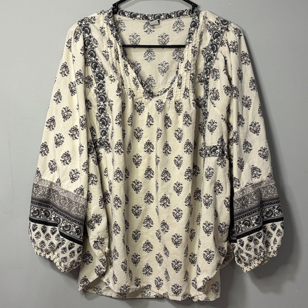 Old Navy Womens XXL‎ Cream Black Block Print Peasant Blouse Balloon Sleeve Top